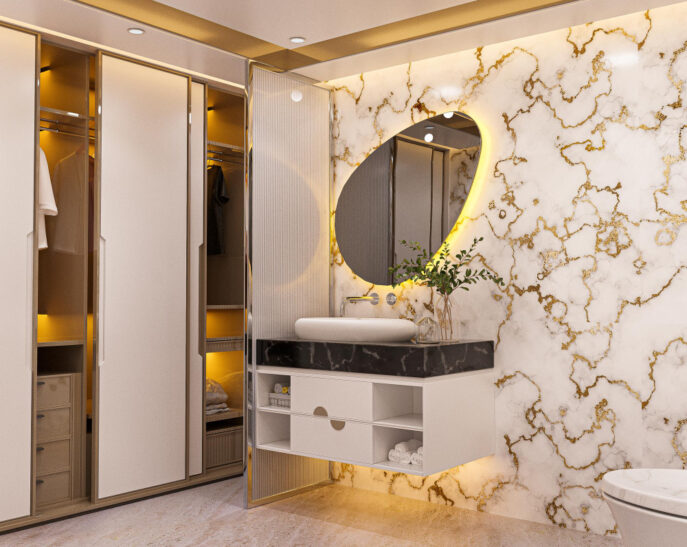 golden white marble bathroom interior design 3d illustration