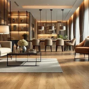 DALL·E 2025 02 18 22.50.55 A beautifully designed modern home interior featuring a high quality laminate flooring. The flooring has a realistic wood texture in a warm natural t