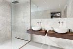 Oxford, Oxfordshire, uk,Sinks and shower in modern bathroom