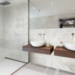 Oxford, Oxfordshire, uk,Sinks and shower in modern bathroom
