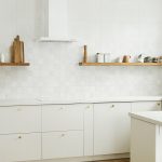 Modern kitchen interior. Stylish white kitchen cabinets with bra